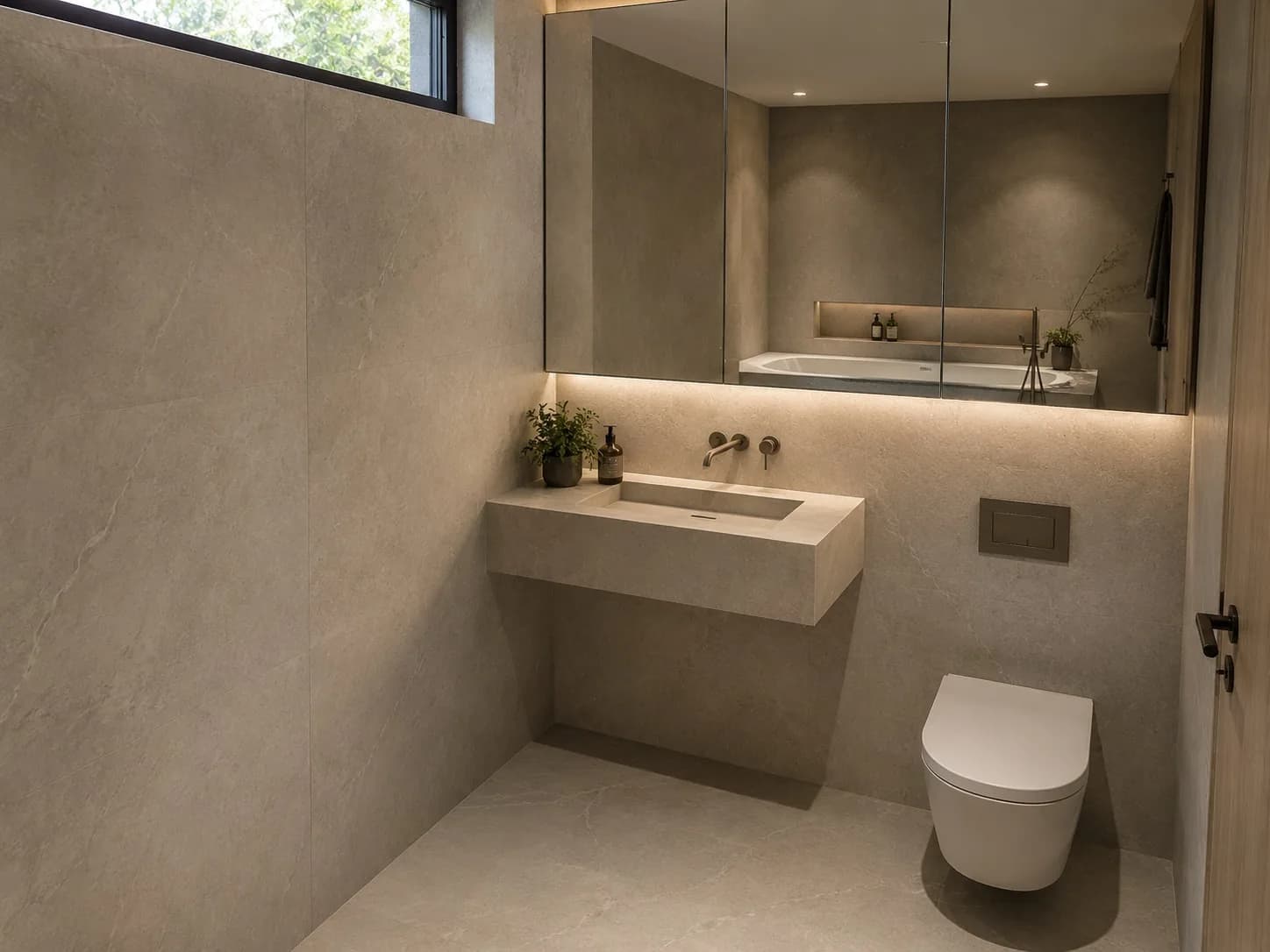 Nasszelle in Keramik mit bodenebener Dusche